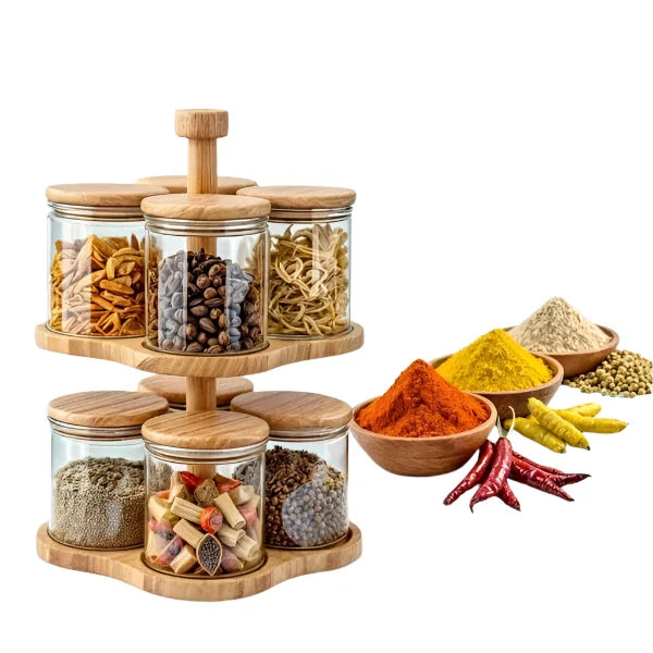 Ensemble de 8 Bocaux en Verre avec Support Rotatif en Bambou