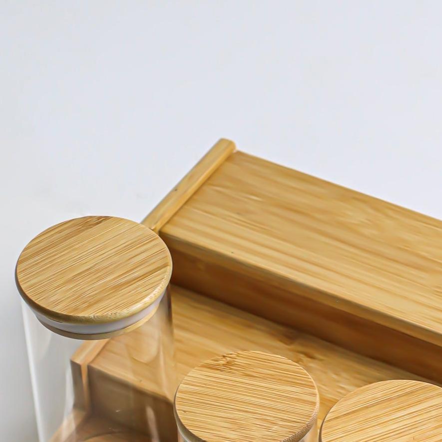 Lot de 12 pots à épices 300 ml avec support en bambou