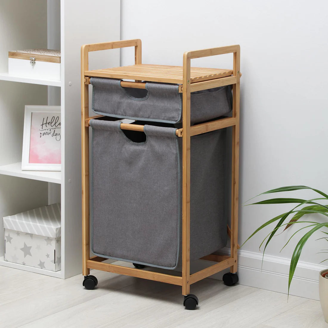Panier à linge en bambou avec 2 sacs en tissu amovibles