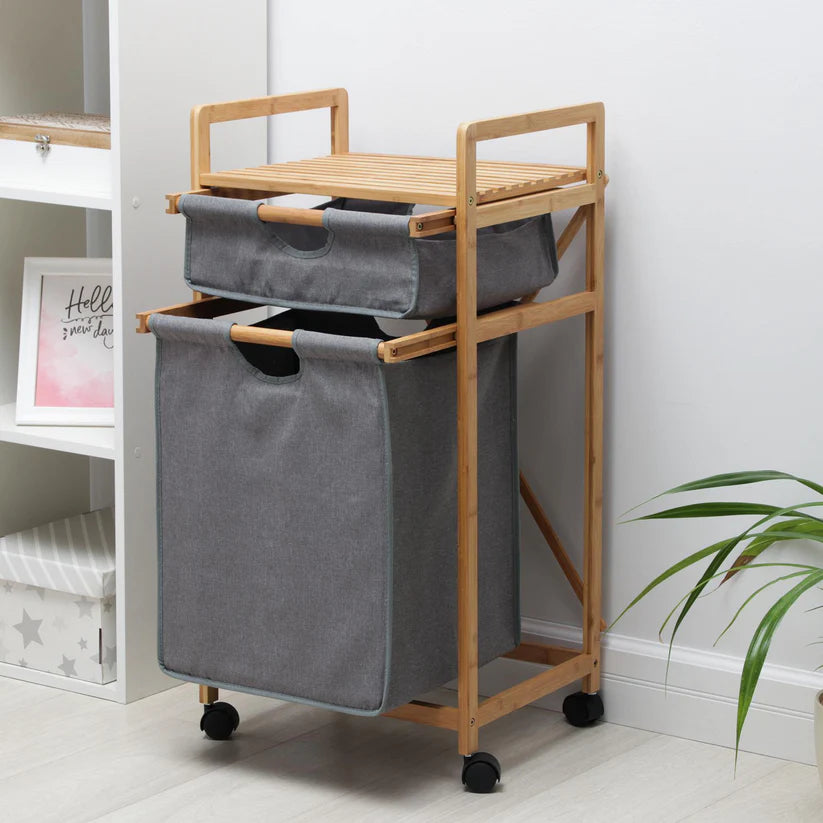 Panier à linge en bambou avec 2 sacs en tissu amovibles