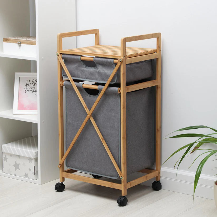 Panier à linge en bambou avec 2 sacs en tissu amovibles