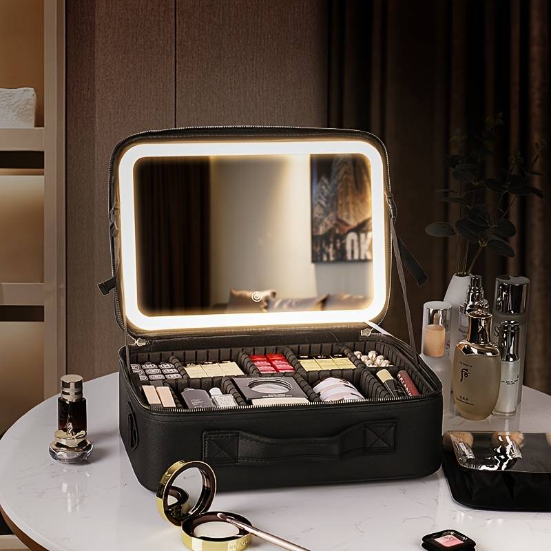 Grande trousse de maquillage de voyage avec miroir éclairé par LED