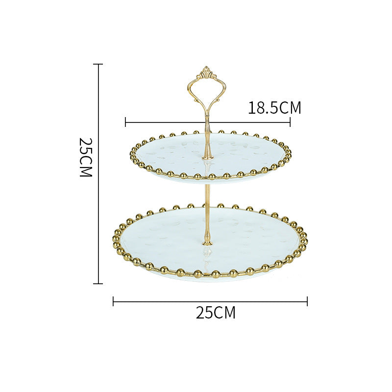 Élégant Plateau en Céramique à Trois Étages avec Bordure en Perles Dorées