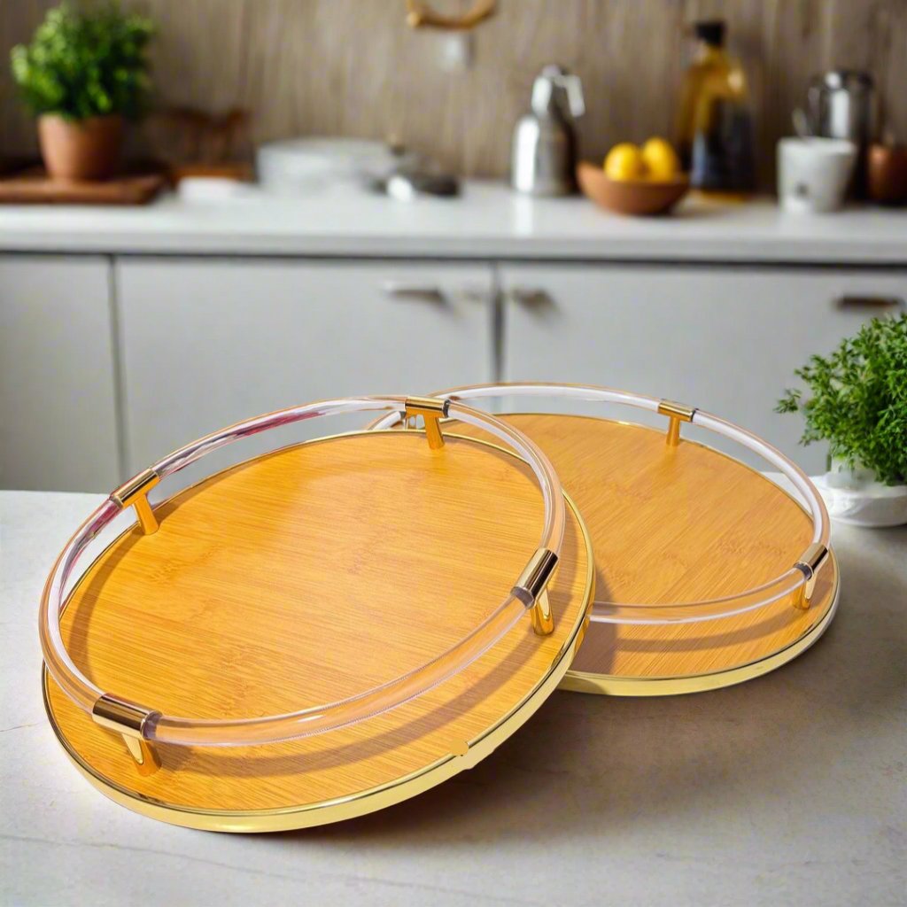 Ensemble de Plateaux Ronds en Bambou et Acrylique avec Accents Dorés