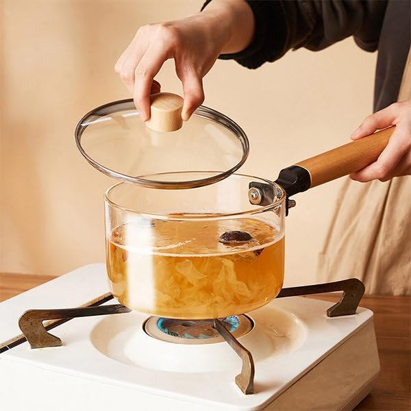 Casserole en verre résistante à la chaleur avec couvercle et poignée en bois pour soupe