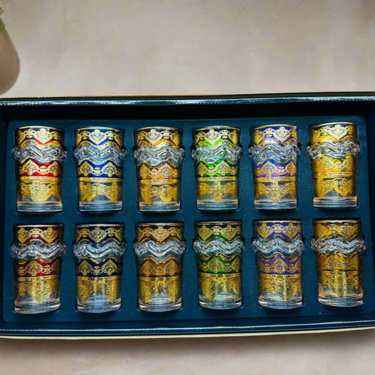 Coffret de 12 Verres Marocains en Verre Coloré & Dorure Artisanale
