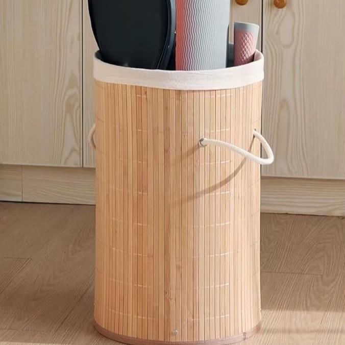 Panier à linge rond en bambou en forme de tonneau