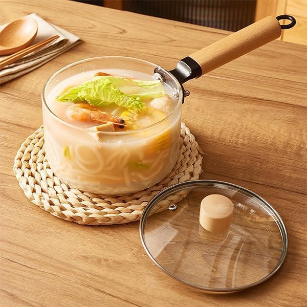 Casserole en verre résistante à la chaleur avec couvercle et poignée en bois pour soupe