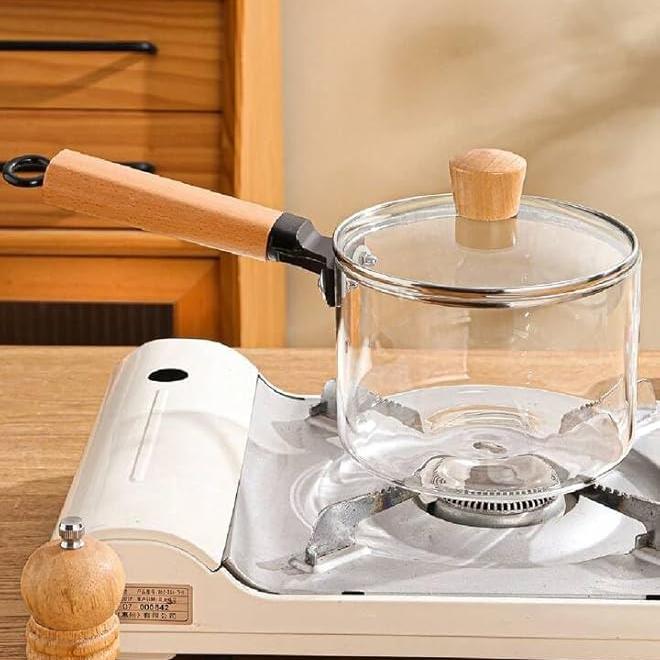 Casserole en verre résistante à la chaleur avec couvercle et poignée en bois pour soupe