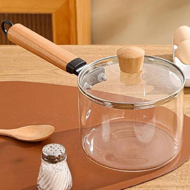 Casserole en verre résistante à la chaleur avec couvercle et poignée en bois pour soupe