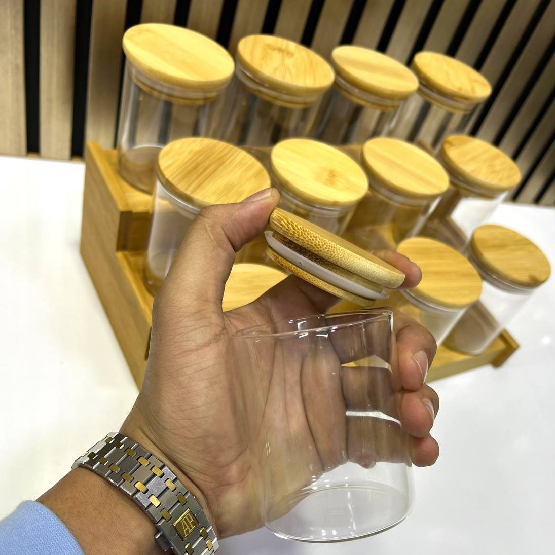 Lot de 12 pots à épices 300 ml avec support en bambou
