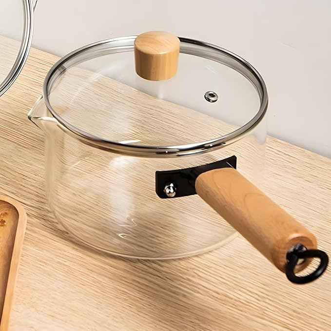 Casserole en verre résistante à la chaleur avec couvercle et poignée en bois pour soupe