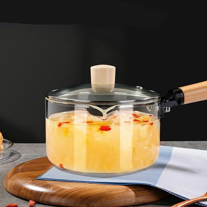 Casserole en verre résistante à la chaleur avec couvercle et poignée en bois pour soupe