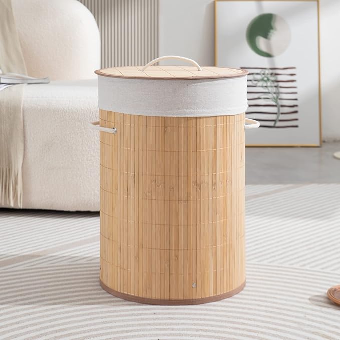 Panier à linge rond en bambou en forme de tonneau