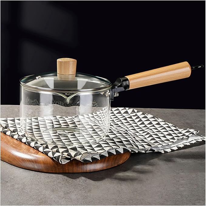 Casserole en verre résistante à la chaleur avec couvercle et poignée en bois pour soupe