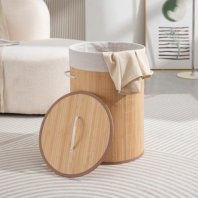 Panier à linge rond en bambou en forme de tonneau