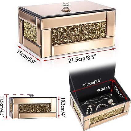 Boîte à bijoux en verre miroir avec décor de diamants écrasés