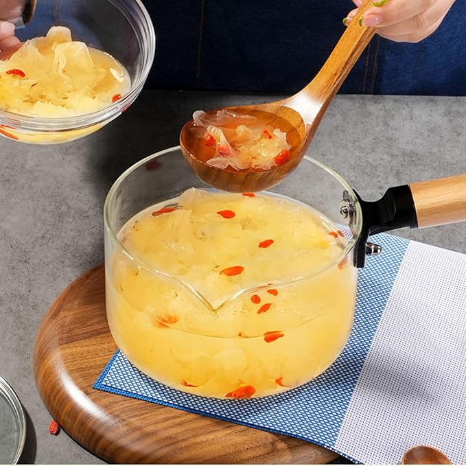 Casserole en verre résistante à la chaleur avec couvercle et poignée en bois pour soupe