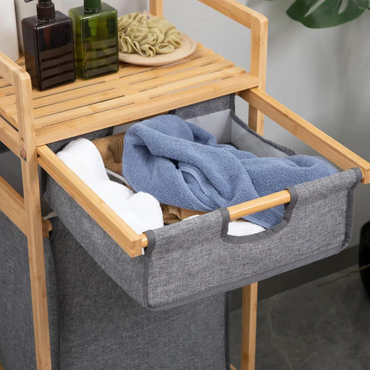 Panier à linge en bambou avec 2 sacs en tissu amovibles