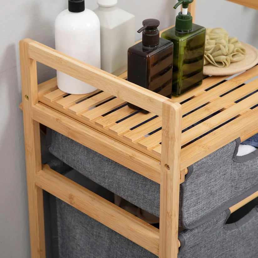 Panier à linge en bambou avec 2 sacs en tissu amovibles
