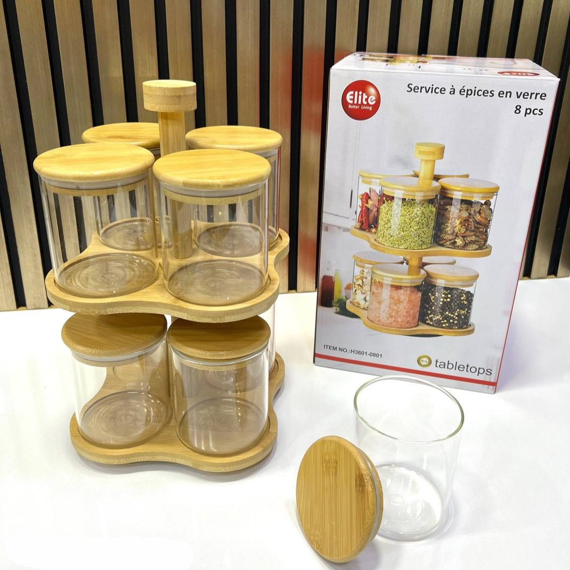 Ensemble de 8 Bocaux en Verre avec Support Rotatif en Bambou