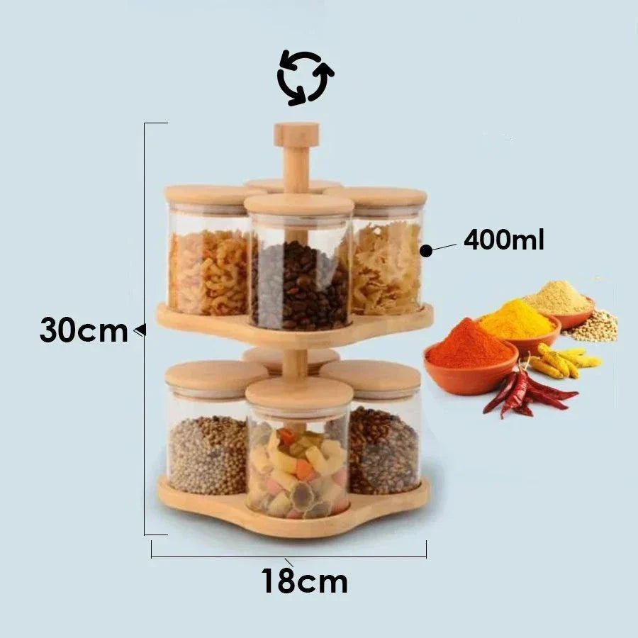 Ensemble de 8 Bocaux en Verre avec Support Rotatif en Bambou