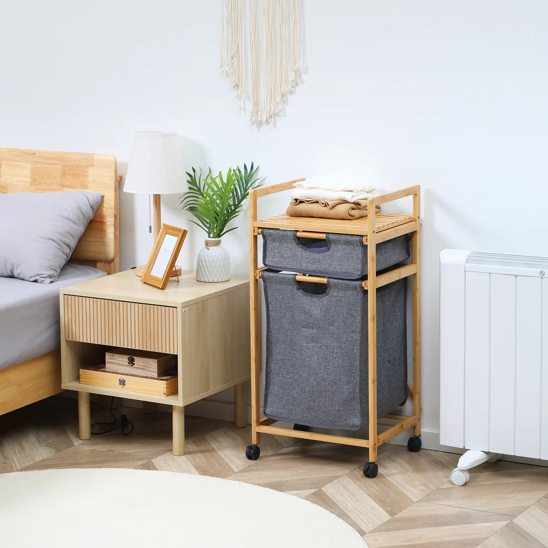 Panier à linge en bambou avec 2 sacs en tissu amovibles