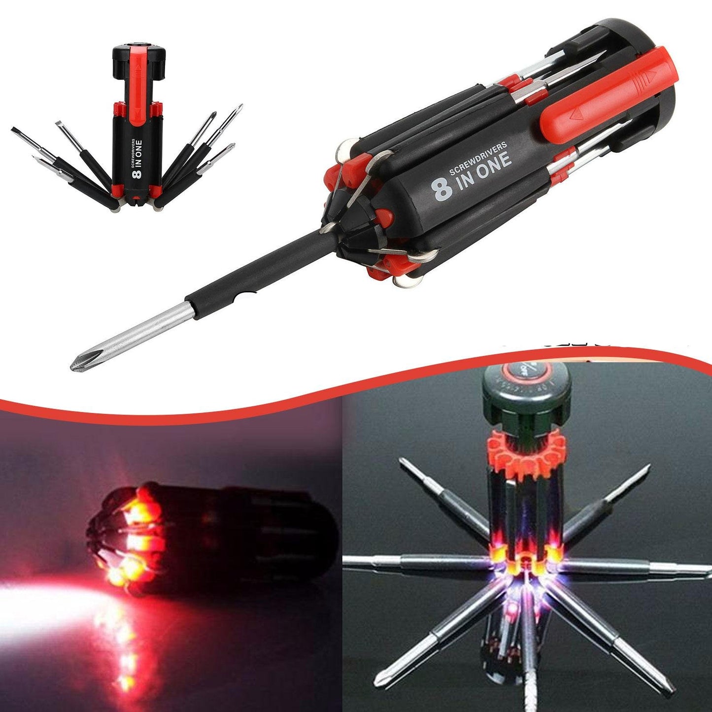 Tournevis multifonction, avec Kit d'outils de vissage 8 en 1 lampe de poche à 6 LED