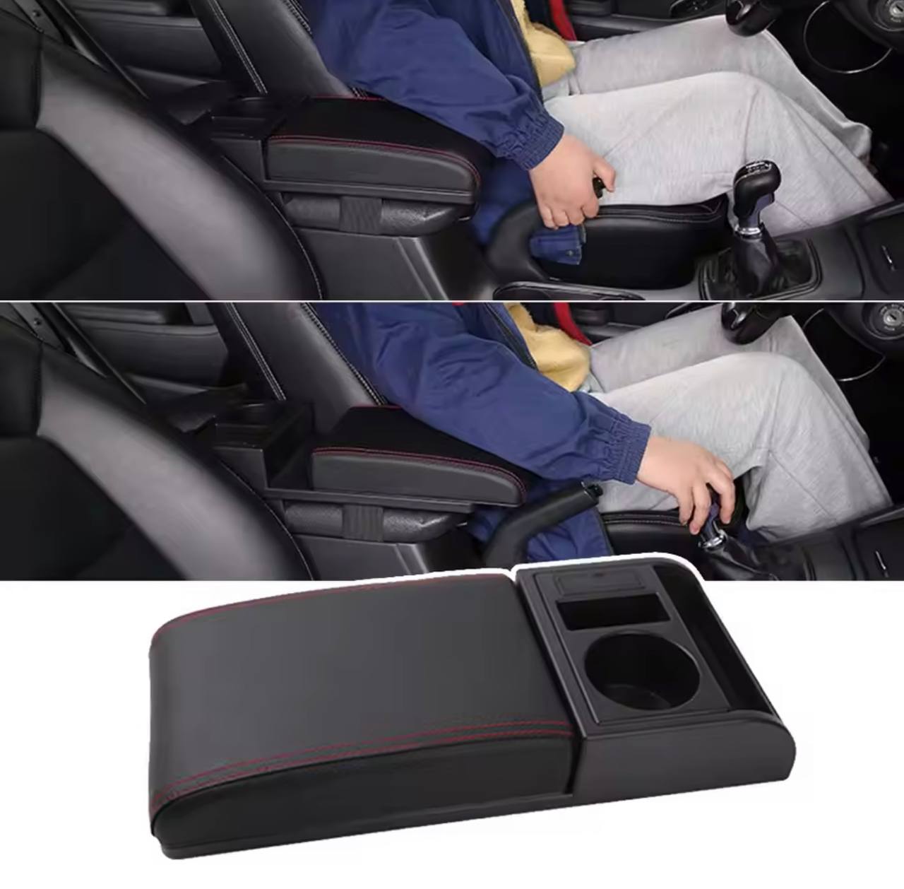 Accoudoir de voiture en cuir PU avec porte gobelet, boîte de rangement