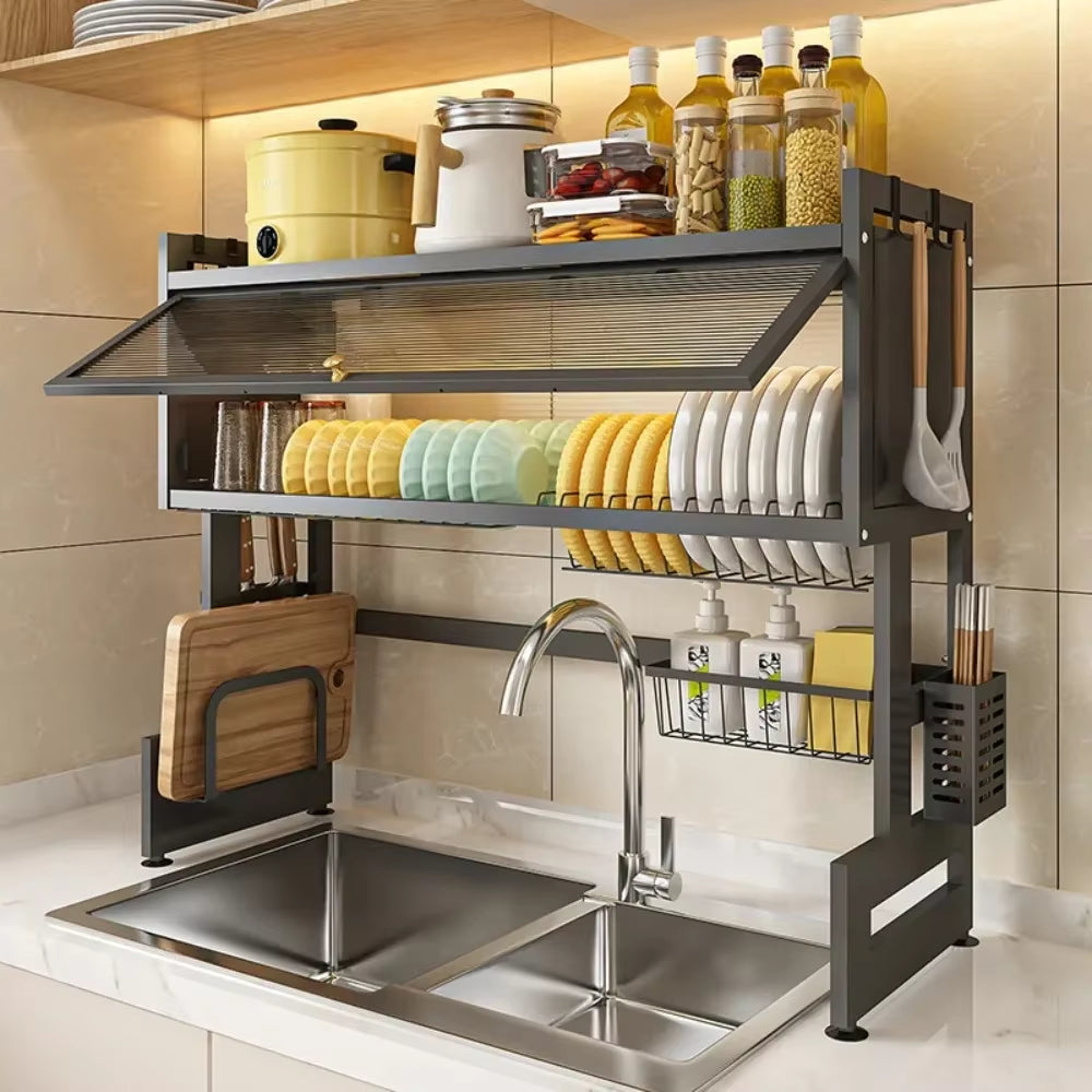 Organisateur de Cuisine en Acier Inoxydable au-Dessus de l'Évier avec Porte d'Armoire Escamotable