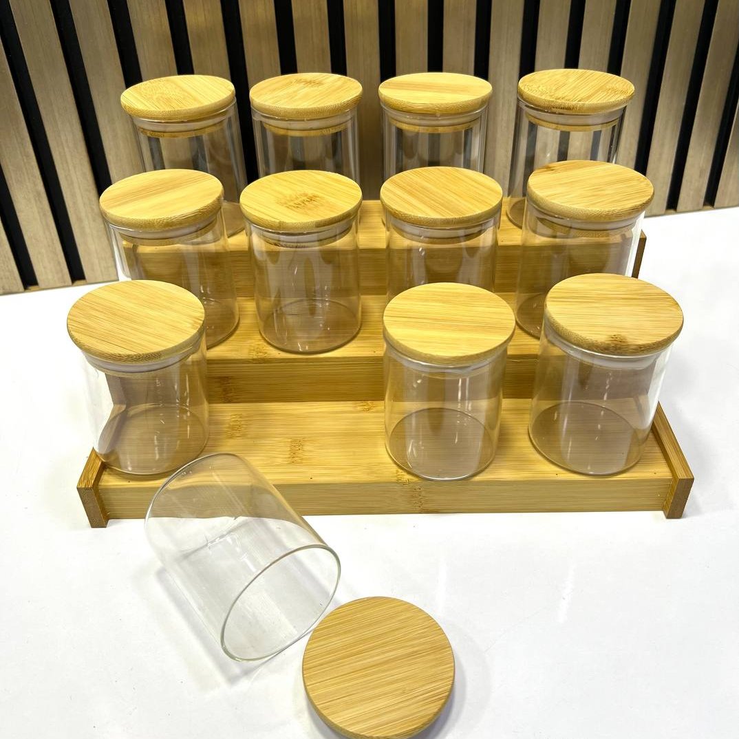Lot de 12 pots à épices 300 ml avec support en bambou