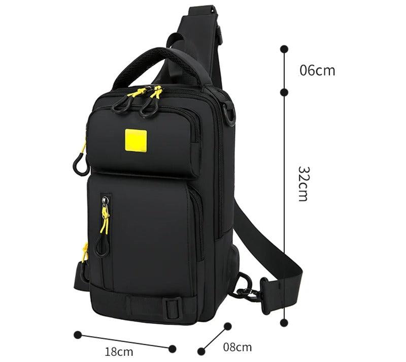 Sac à bandoulière rechargeable multifonctionnel en polyester imperméable.
