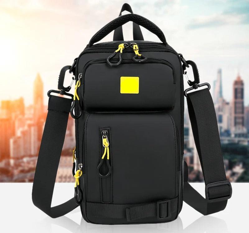 Sac à bandoulière rechargeable multifonctionnel en polyester imperméable.