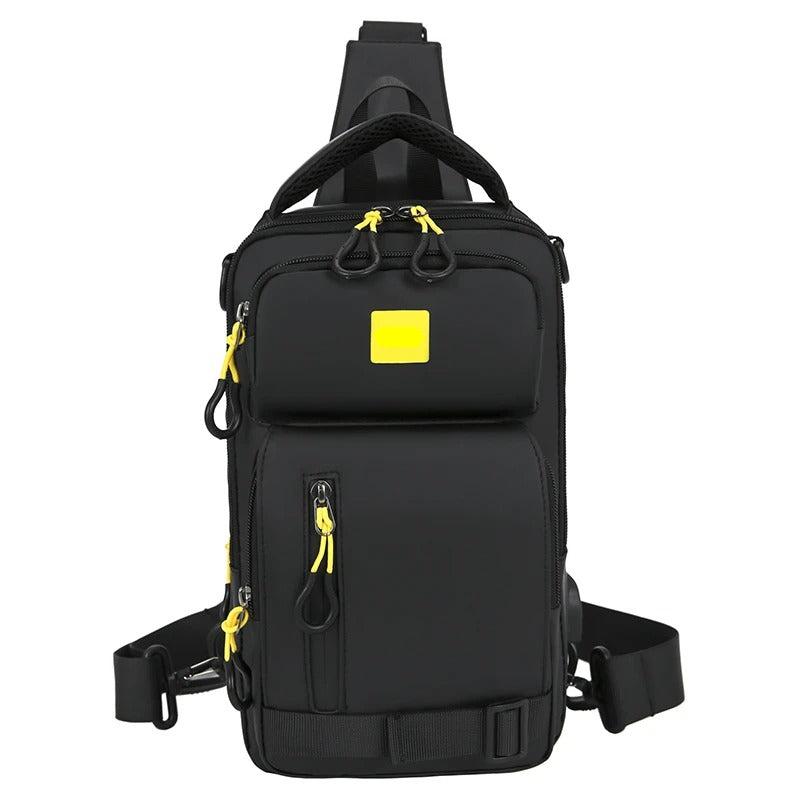 Sac à bandoulière rechargeable multifonctionnel en polyester imperméable.
