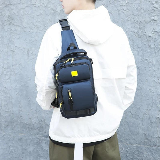 Sac à bandoulière rechargeable multifonctionnel en polyester imperméable.