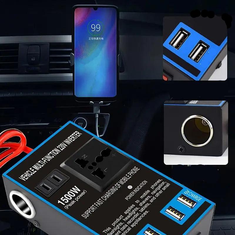 Adaptateur secteur 1 500 watt : alimente la voiture et charge l'ordinateur et le téléphone portable