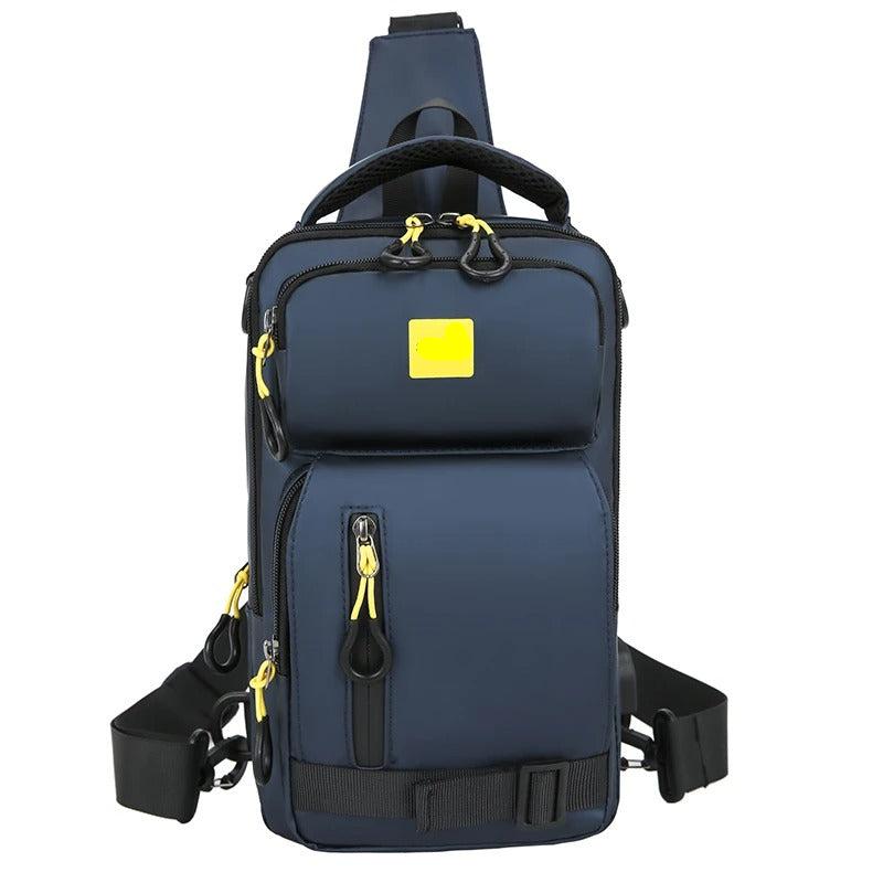 Sac à bandoulière rechargeable multifonctionnel en polyester imperméable.