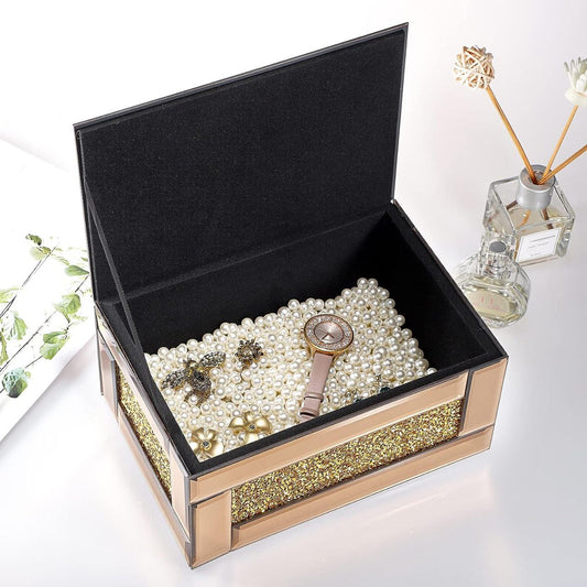 Boîte à bijoux en verre miroir avec décor de diamants écrasés