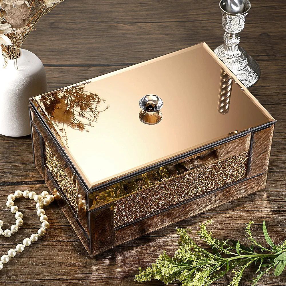 Boîte à bijoux en verre miroir avec décor de diamants écrasés