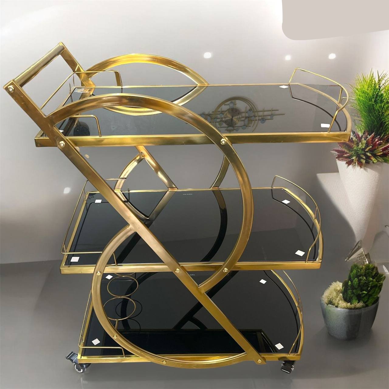 Chariot de service avec roues, plateau en verre