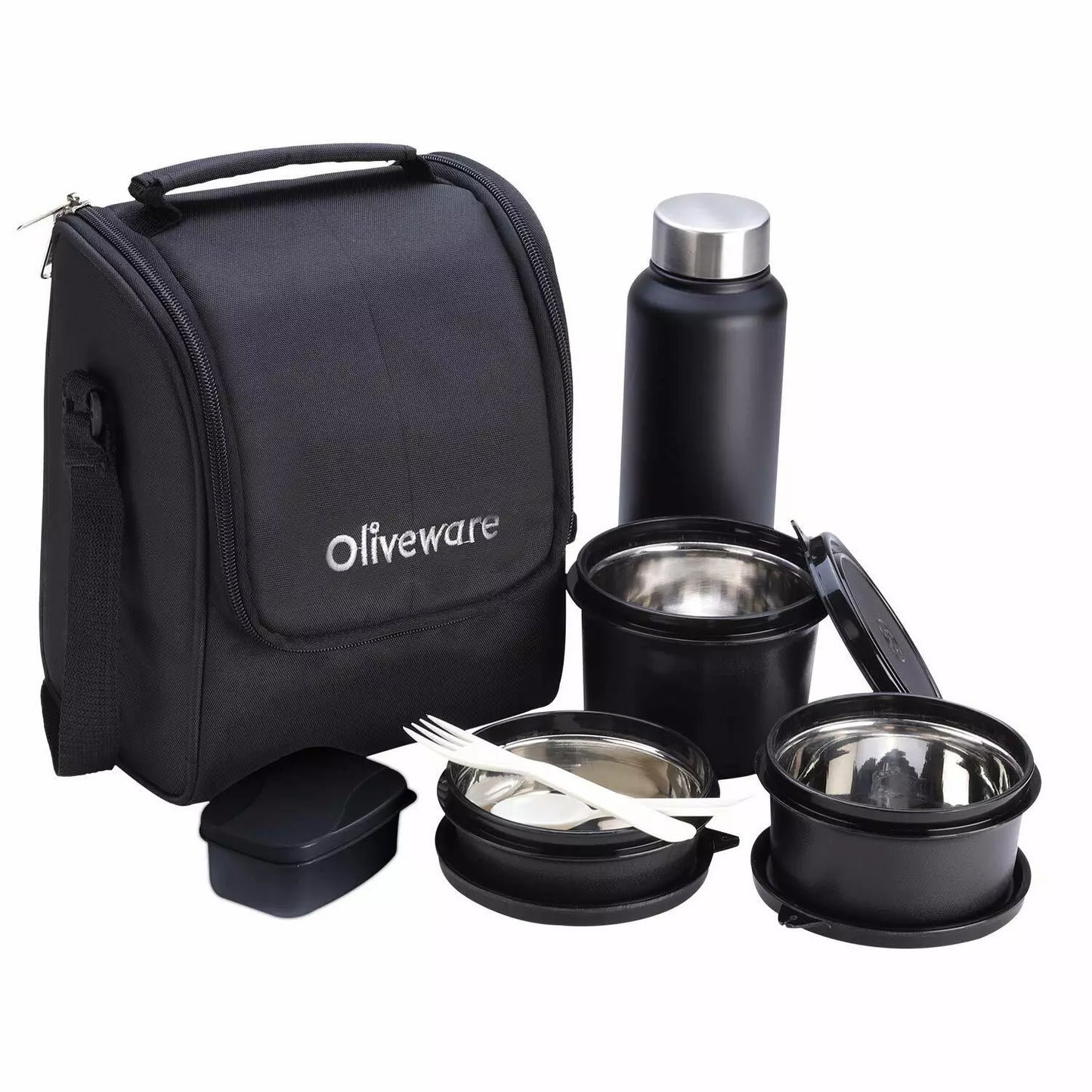 Boîte à lunch en acier inoxydable avec bouteille d'eau de 750 ml, 3 récipients et 1 cuillère