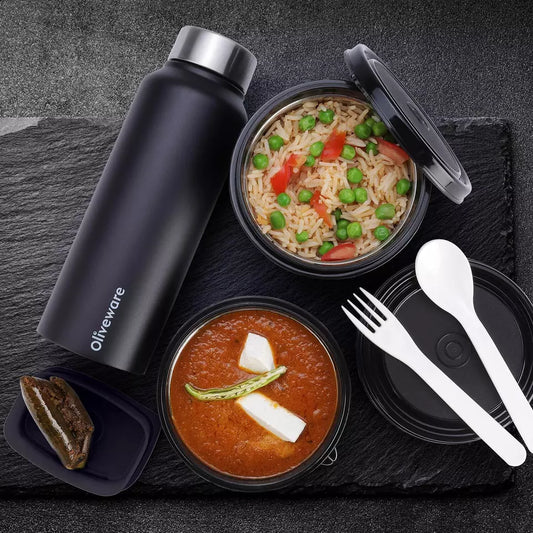 Boîte à lunch en acier inoxydable avec bouteille d'eau de 750 ml, 3 récipients et 1 cuillère