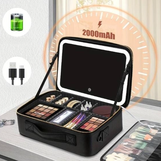 Grande trousse de maquillage de voyage avec miroir éclairé par LED