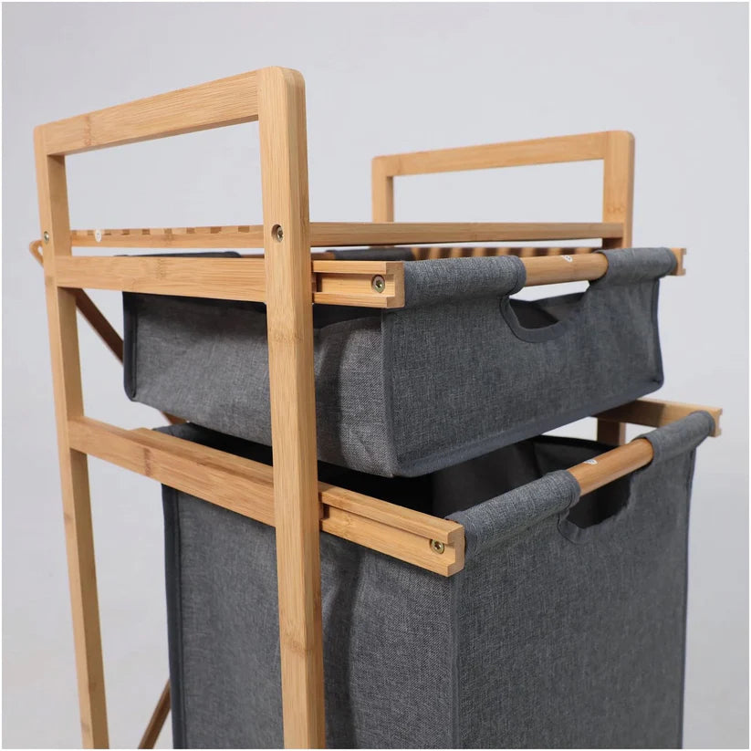 Panier à linge en bambou avec 2 sacs en tissu amovibles