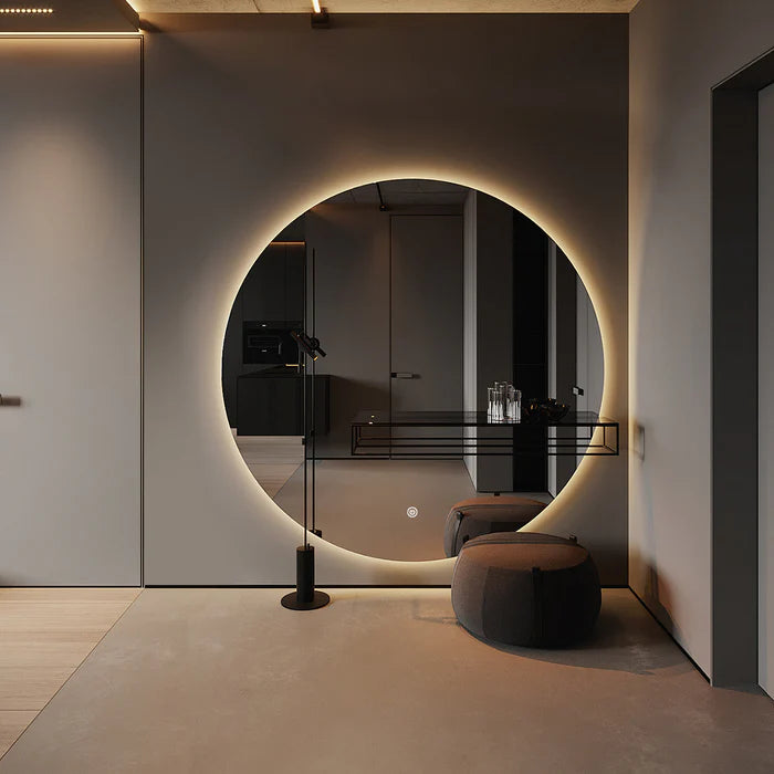 Modern round LED mirror adds beauty to your space.