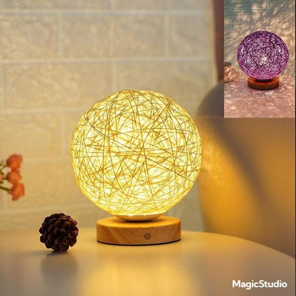 Lampe LED Moderne en Bois Massif avec Boule de Rotin