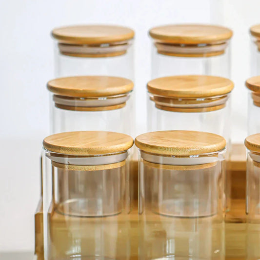 Lot de 12 pots à épices 300 ml avec support en bambou