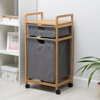 Panier à linge en bambou avec 2 sacs en tissu amovibles