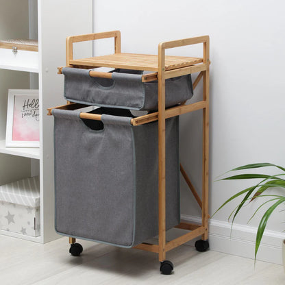 Panier à linge en bambou avec 2 sacs en tissu amovibles
