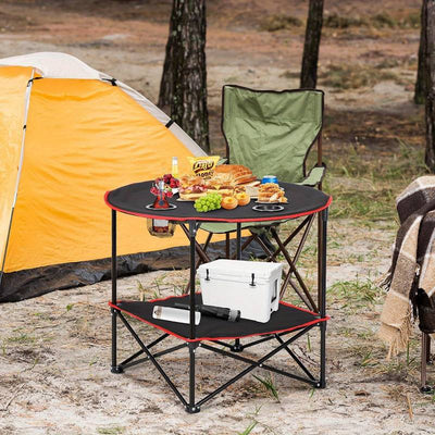 Table de camping portable pliable avec porte-gobelets et sac de transport pour camping.